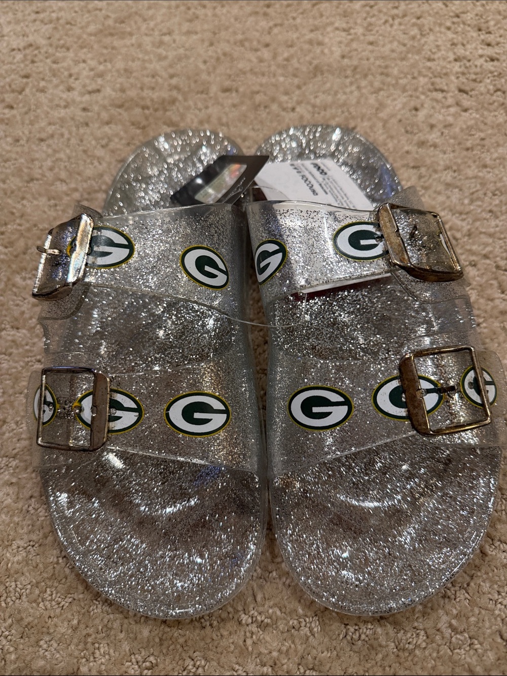 Women's Packers Silver Glitter Double-Buckle Sandals with Team Logo Accent